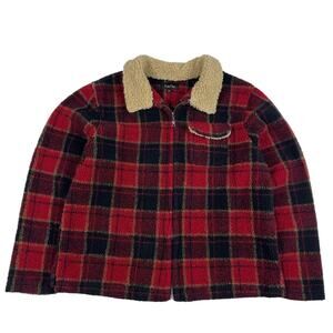Vintage Red Plaid Fleece W/ Sherpa Collar Fall Winter Warm Boxy Fit Size Medium